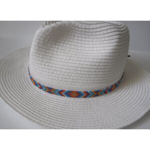 Beaded Hat Band Blue, Orange, Teal, White & Gold w/ Leather
